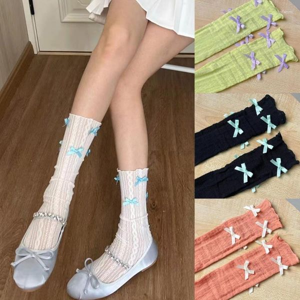 Frauen Socken Mädchen Süße Aushöhlen Spitze Mesh Knöchel Japanischen Stil Sommer Candy Farbe Bowknot Rüschen Trim Mittelrohr