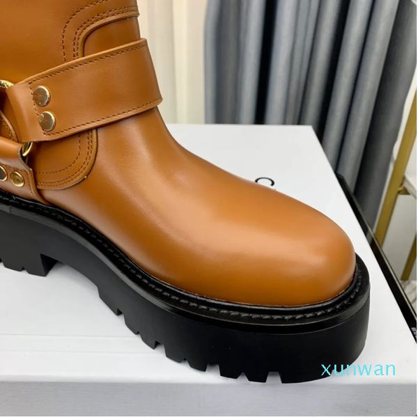 Nova motocicleta joelho tornozelo botas dedo do pé redondo bombas saltos para meninas mulheres designer de luxo moda botas vegetal curtido couro de vaca sola fábrica calçado tamanho