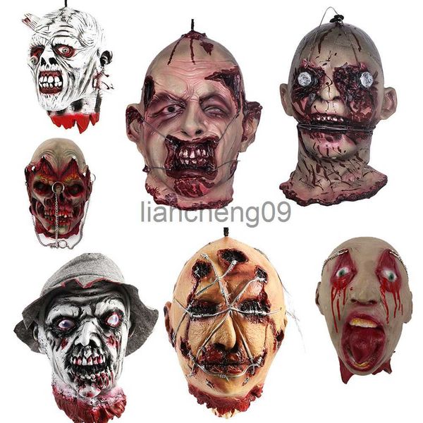 Party -Dekoration Halloween Horror Bloody Cut off Head Requisiten mit Perücken realistische Haunted House Party Dekor Scary Zombie Hanging Head Dekoration x0905