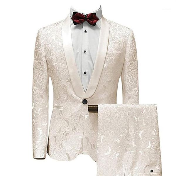 2020 Bianco Avorio Abiti da Uomo Sposo Abito da Sposa 2 Pezzi Set Formale Giacca Maschile Scialle Risvolto Jacquard Tuxedo Giacca Slim Fit Pa288C