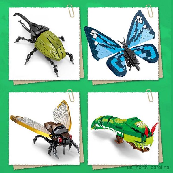 Blocks Modelo animal Bee Butterfly Cricket Grasshopper Blocks Bloco de construção DIY Crianças Puzzle Puzzle Toys for Kid Gifts R230905