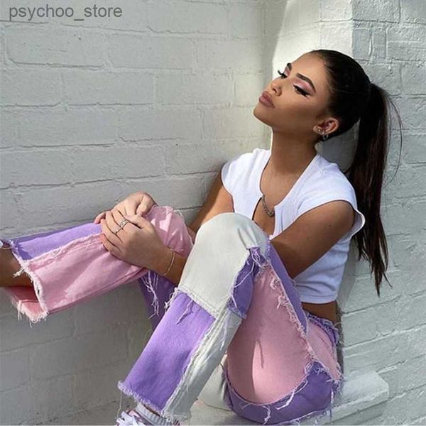 Kadınlar kot pantolon y2k bahar kızlar pembe patchwork pantolon sokak hip hop yüksek bel gevşek düz kot kadın moda vaqueros q230905