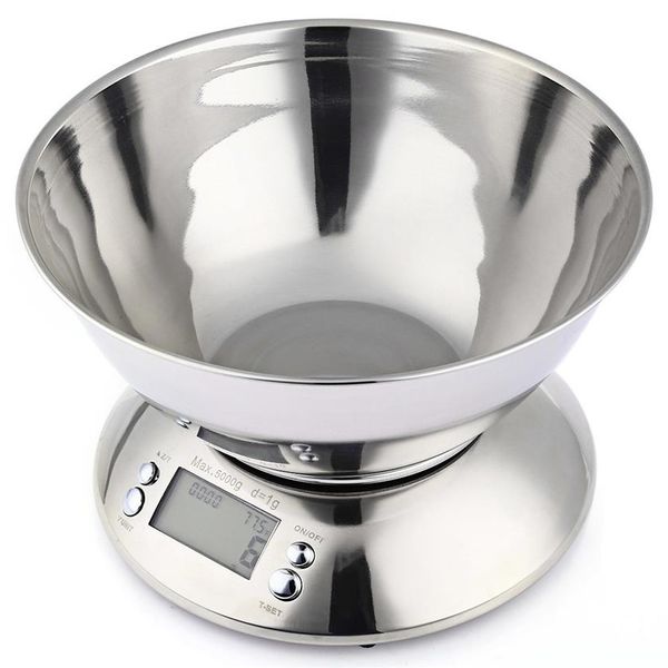 5 kg 1 g Báscula de alimentos de cocina de acero inoxidable LCD Básculas de peso electrónicas digitales de cocina con tazón Alarma Temporizador Sensor de temperatura Y2230U