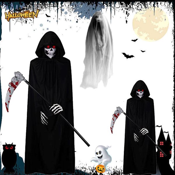 Weitere Event- und Partyzubehör, gruseliges Halloween-Geister-Reaper-Kostüm, Kapuzenumhang, Totenkopf-Maske, Handschuhe, Sense-Set für Erwachsene und Kinder, Horror-Sensenmann-Halloween-Dekoration 230905