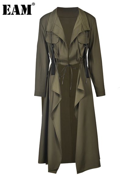 Damen Trenchcoats EAM Army Green Lange Damen Große Größe V-Ausschnitt Ärmel Loose Fit Windjacke Mode Frühling Herbst 1DE108206 230904