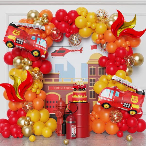 Outros suprimentos de festa de evento 130 pcs caminhão de bombeiros balão guirlanda arco kit vermelho laranja látex balões menino decorações de aniversário bombeiros decoração 230905