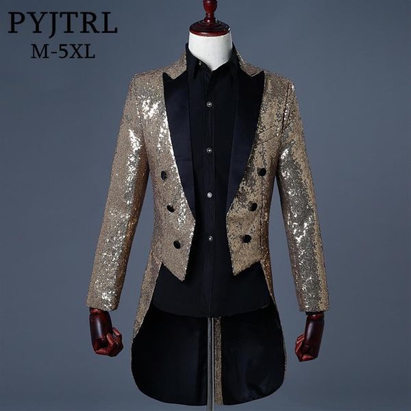 PYJTRL 2018 Männer Gold Silber Rot Blau Schwarz Pailletten Slim Fit Frack Bühne Sängerin Prom Kleider Kostüm Hochzeit Bräutigam anzug Jacket200A