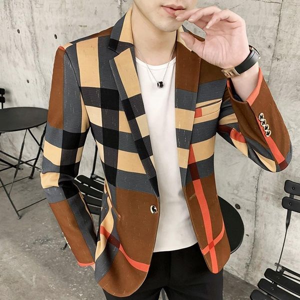 Ternos masculinos Mens Blazer Moda Estilo Britânico Impressão Design Costura Padrão Listrado Slim Jaqueta Casual