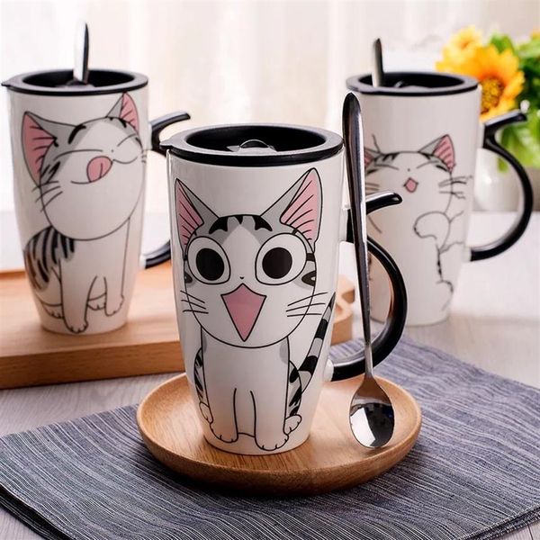 Novo 600ml criativo gato caneca de cerâmica com tampa e colher dos desenhos animados leite café xícara de chá canecas de porcelana presentes agradáveis273g