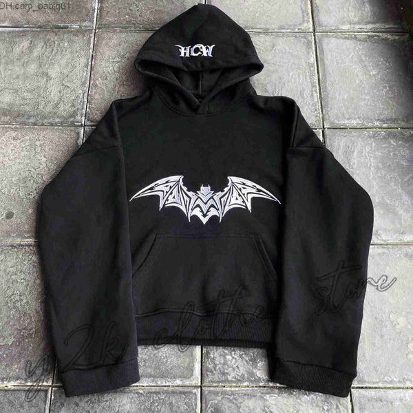 Мужские толстовки с капюшоном Y2K Hoodie Black Harajuku Хип-хоп Летучая мышь Графический принт Негабаритная толстовка с капюшоном Мужчины Женщины Новый рок Ретро Готические топы Уличная одежда T230905