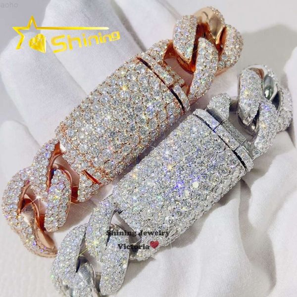 Design Big Stone Verschluss, massives Silber 925 Hip Hop Iced Out Cuban Link Armband 20 mm mit Moissanit Diamond Pass Diamond Teste