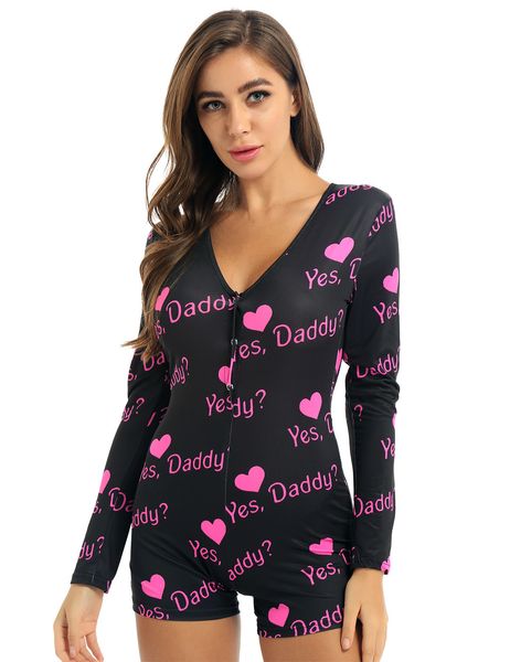 Tute da donna Pagliaccetti Donna Yes Daddy Lettera Leopardata Stampata Indumenti da notte Tuta Maniche lunghe Body Body aderente Pagliaccetti corti Pigiama Tuta 230904