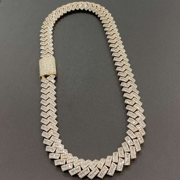 Ankunft Gelbgold 18 mm 20 mm Zinken-Baguette-Diamant-Halskette 18 Karat vergoldetes Silber Iced Out Kubanische Gliederkette für Männer