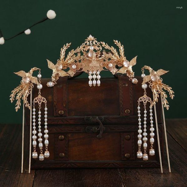 Haarspangen, antiker Hanfu-Phoenix-Kopfschmuck, goldfarbene Perlenquasten-Kronen-Haarnadel-Set