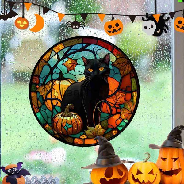 Decoração de festa Halloween estática PVC janela de vidro adesivos colorido horror castelo gato decalque de parede cola livre decoração filme festa decoração de casa x0905