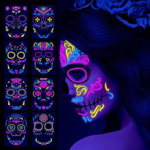 Decorações de Natal Crânio de Açúcar Adesivos Decoração de Halloween UV Brilho Neon Tatuagens Temporárias Luminosas Dia dos Mortos Decoração de Rosto Completo Maquiagem 230905
