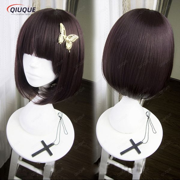 Perucas Cosplay Anime Bungo Cães Vadios Akiko Yosano Curto Bob Roxo-Preto Calor Resistente Cosplay Peruca de Cabelo Borboleta Hairpin 230904