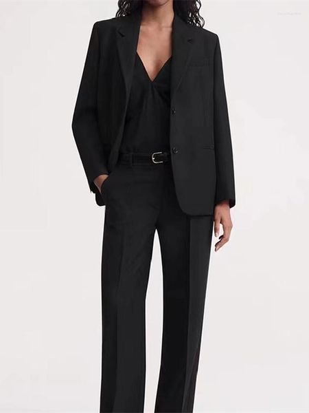 Calças femininas de duas peças 2023 outono zíper longo para senhora de escritório misturas de lã conjunto mulheres único breasted solto preto blazer casaco