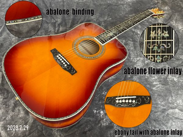 Akustische Gitarre Honey Burst, Decke aus massiver Fichte, Ablaone-Blume auf Griffbrett und Saite, mit Ablaone-Bindung, sieht luxuriös aus