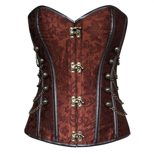 Damen-Korsett mit Brokat-Schnalle, Steampunk, Gothic, Punk, Kunstleder, Stahlstäbchen, mit Kette, Plus-Size-Taillentrainingskorsetts S-6X223f