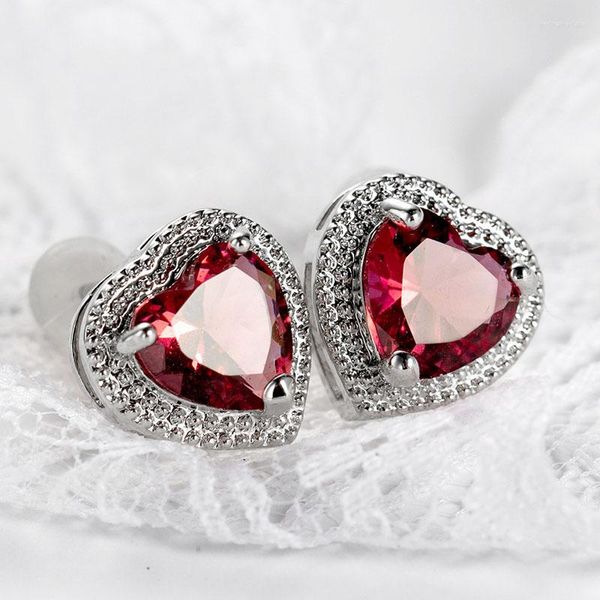 Brincos Moonrocy Prata Cor CZ Brinco Cubic Zirconia Coração de Cristal Vermelho para Mulheres Meninas Drop Jewelry Atacado