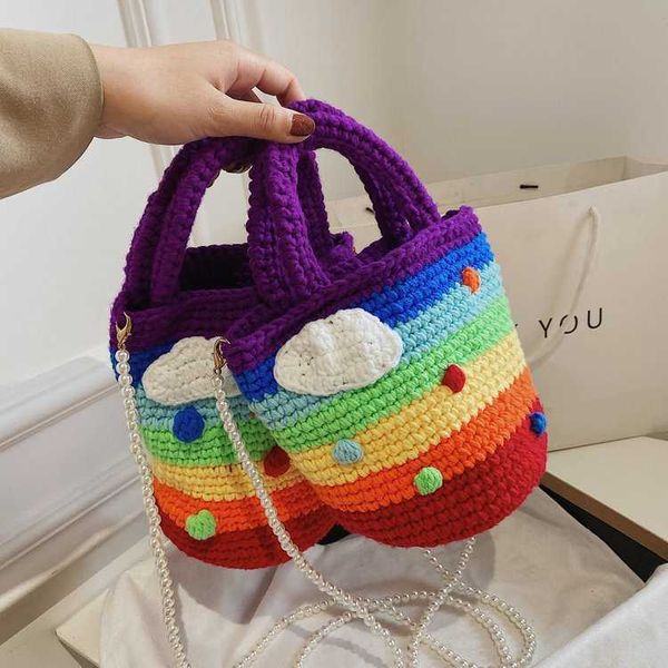 Sacos de noite Rainbow Bag Moda Feminina Estilo Estrangeiro Lã Malha Terminado Net Vermelho Live Pearl Ombro Messenger Bag Bolsa 230828