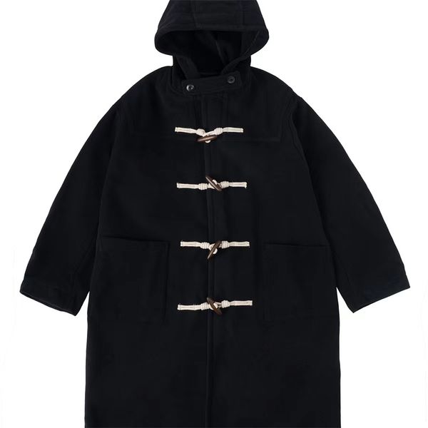 Erkek trençkotları kış ceket retro boynuz düğmesi kapüşonlu mid -midffe ceket rüzgar geçirmez askeri tiki tarzı unisex giyim 230904