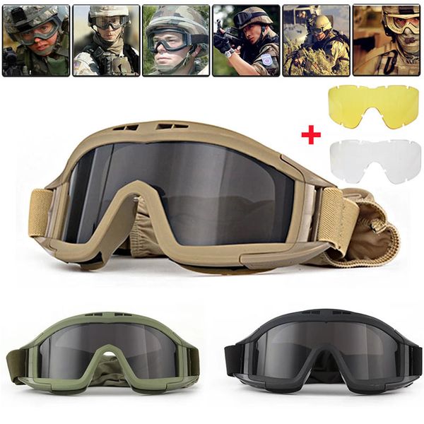 Тактические солнцезащитные очки с 3 линзами, комплект тактических очков, ветрозащитный, пылезащитный, для стрельбы, мотокросса, мотоцикла, альпинизма, очки Cs, военная безопасная защита 230905