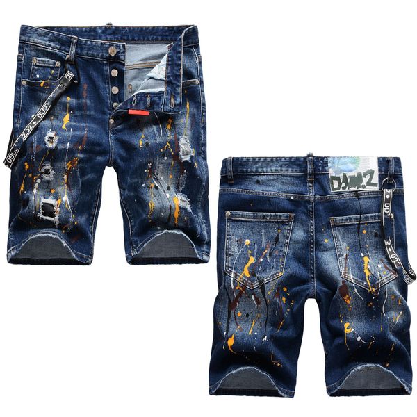 Herrenjeans Handbemalte Farbe mit Löchern und Flicken, elastische 5-Punkt-Jeans mit kleiner, gerader Passform für Herren