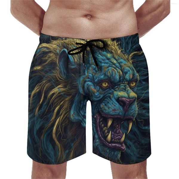 Shorts masculinos placa leão engraçado praia troncos alto detalhe zumbi retratos rápido seco correndo surf qualidade calças curtas