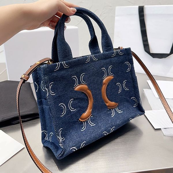 Cowboy tote sacola de compras feminina ombro crossbody sacos alça de couro moda letras designer azul quadrado bolsas bolsa 25cm