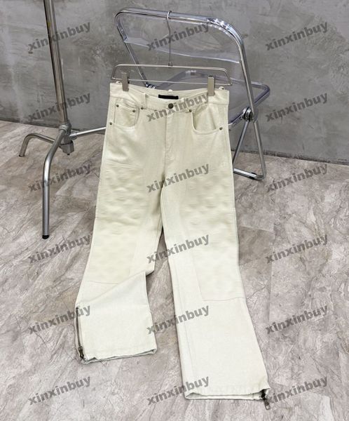 Xinxinbuy homens mulheres designer calça em relevo carta remendo zíper bainhas primavera verão calças casuais carta preto damasco S-2XL