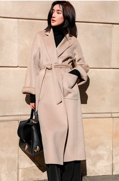 Женское полушерстяное пальто в Корейском стиле, Турция, женское пальто ручной работы с рябью на воде, двустороннее кашемировое длинное шерстяное пальто Max Hepburn, гофрированное 230905