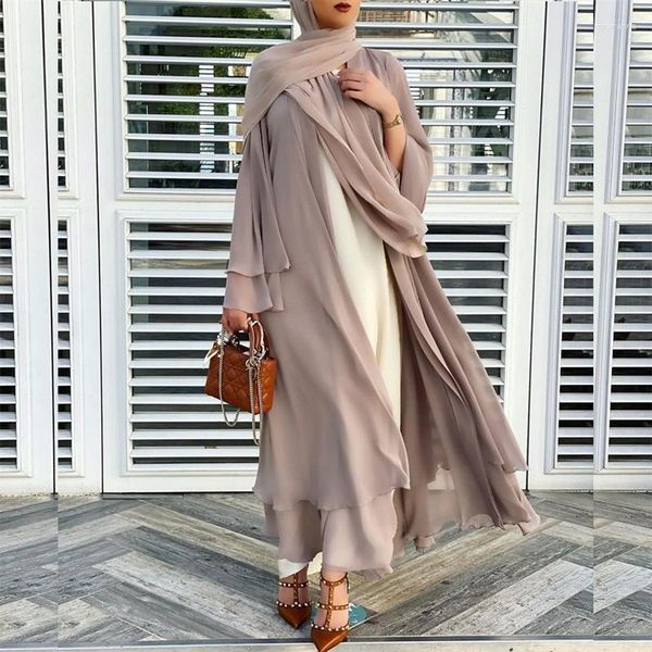 Roupas étnicas Senhoras Muçulmanas Cor Sólida Cardigan Primavera Verão Chiffon Vestido Longo Sem Hijab Abaya Dubai Turquia Moda