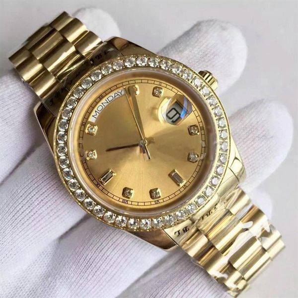 Relógio masculino 18k mostrador dourado diamante embutido relógios mecânicos automáticos pulseira presidente fivela dobrável sells280n