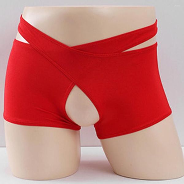 Cuecas sexy homens crotchless calcinha mistura de algodão boxer shorts gay cruz cinta boxers breve lingerie elástica exposta galo