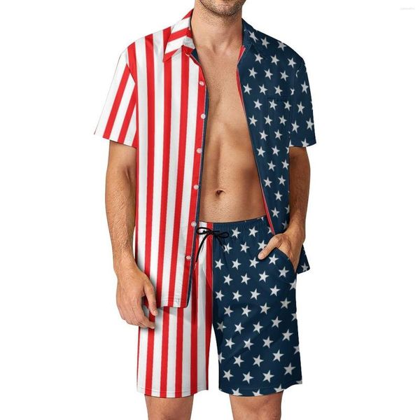 Tracksuits masculinos estrela e listras homens define bandeira patriótica americana vermelho azul estrelas casual camisa conjunto moda férias shorts terno 2 peça