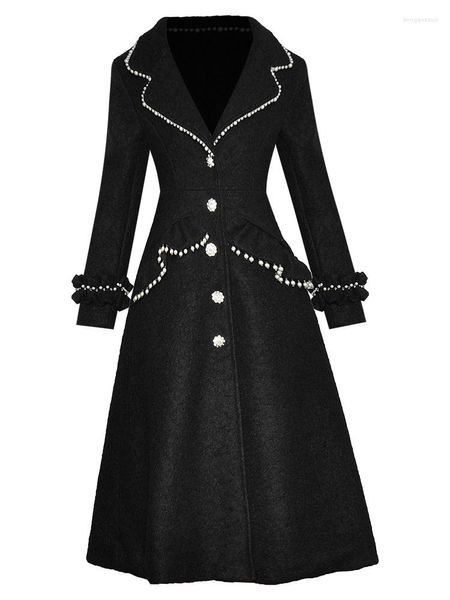 Damen Trenchcoats Modedesigner Herbst Winter Schwarzer Mantel Frauen Langarm Perlen Kristall Einreiher Lässiger Mantel Outwear