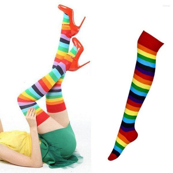 Meias femininas acima do joelho, meias longas de poliéster e algodão, meias altas, arco-íris, listras coloridas