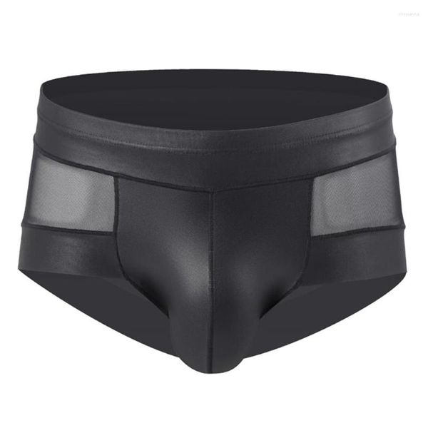 Cuecas masculinas transparentes boxers briefs sexy u convexo bolsa troncos calcinha de couro patente malha respirável baixa ascensão