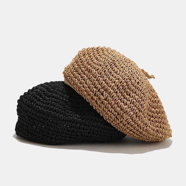 Baretten Zomer Weave Baret Vrouwelijke Strohoeden voor Dames Lente Herfst Platte Zonnehoed Ademend Casual Vakantie Kunstenaar Strandpet Chapeau 230905