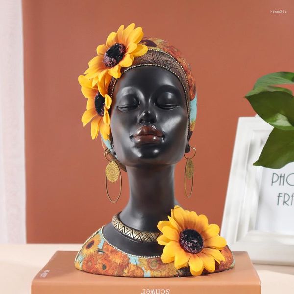 Dekorative Figuren im Stil von Kunsthandwerk, Geschenke, afrikanisch inspirierte Sonnenblume, schwarzes Mädchen mit Babykopf, Statue, Heimdekoration, Kunstharz-Skulptur für den Innenbereich