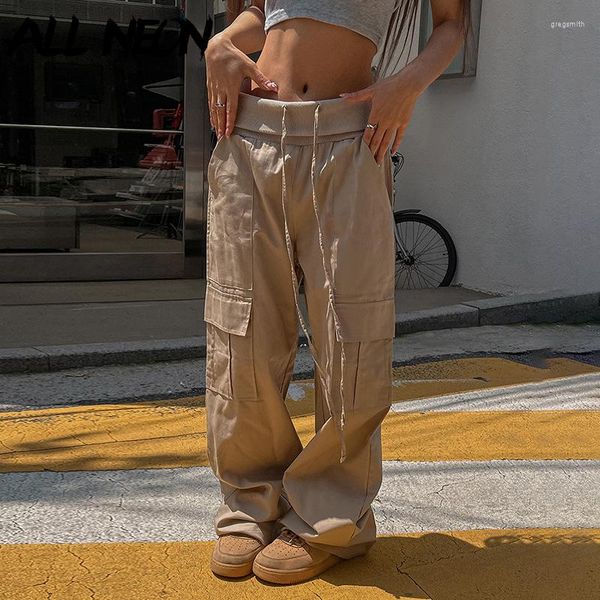 Женские брюки ALLNeon, осенние брюки в стиле хип-хоп с высокой талией и шнуровкой, прямые повседневные уличные брюки с большими карманами, широкие брюки Y2K, свободные брюки, женские брюки