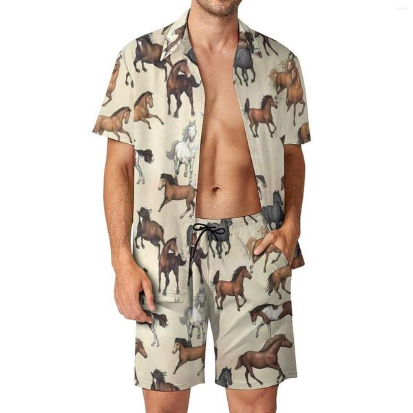 Tute da uomo Sunset Horse Set da uomo Stampa animalier Camicia casual Set Pantaloncini da spiaggia Hawaii Abito grafico estivo 2 pezzi Abbigliamento Big Size 2XL