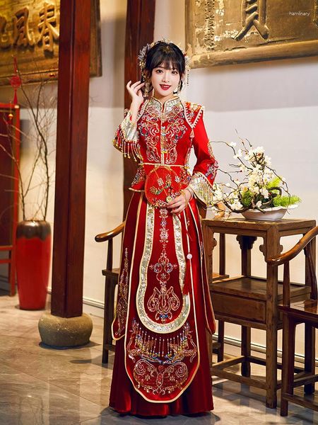 Roupas étnicas Bordado Oriental Lantejoulas Beading Borlas Qipao Mulheres Cheongsam Antigo Tradicional Chinês Noiva Vestido Longo
