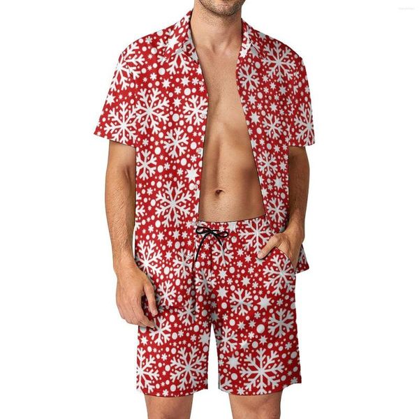 Tute da uomo Fiocco di neve di Natale Set da uomo Rosso Bianco Moda Camicia casual Set maniche corte Pantaloncini stampati Abito da spiaggia estivo Grande