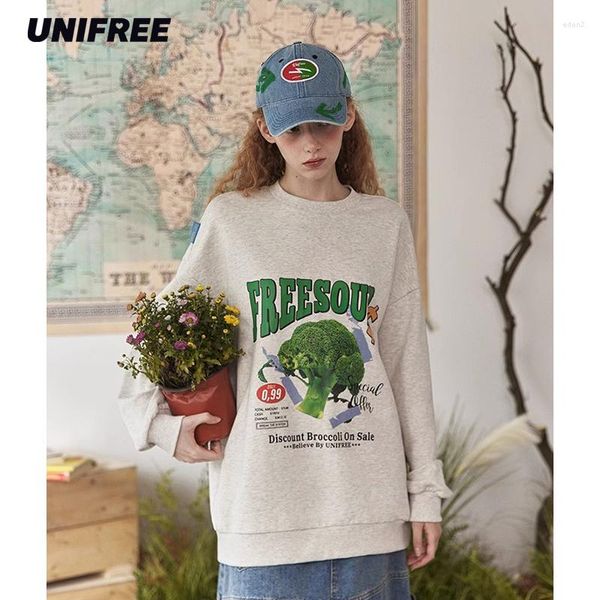 Hoodies femininos unifree simples estilo coreano sweatshirts feminino impressão vegetal retro ins solto moda pulôver topos streetwear 2023