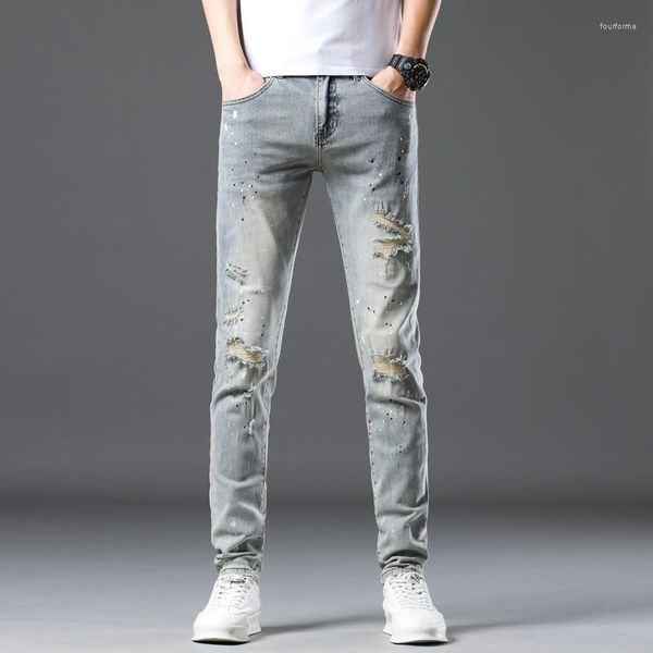 Мужские джинсы, рваные эластичные светло-голубые потертые мужские джинсовые брюки, потертые облегающие брюки в стиле хип-хоп, одежда с принтом