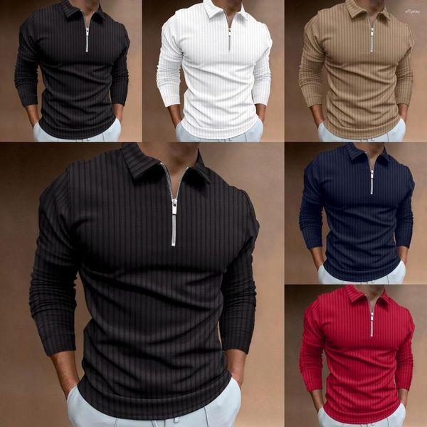 Herren Polos Frühling 2023 Mens Fashion Polo Shirt Zipper Streifen Casual Langarm Baumwolle Männliche T-Shirt Mann Tops