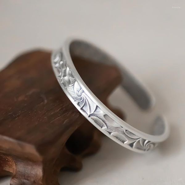 Pulseira de prata esterlina retro espiral plissada larga anel de pulseira aberta